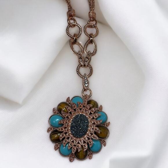 Beria Collection 18KT Rose GP Turquoise & Tigers Eye Floral Pendant Necklace - Picture 3 of 8